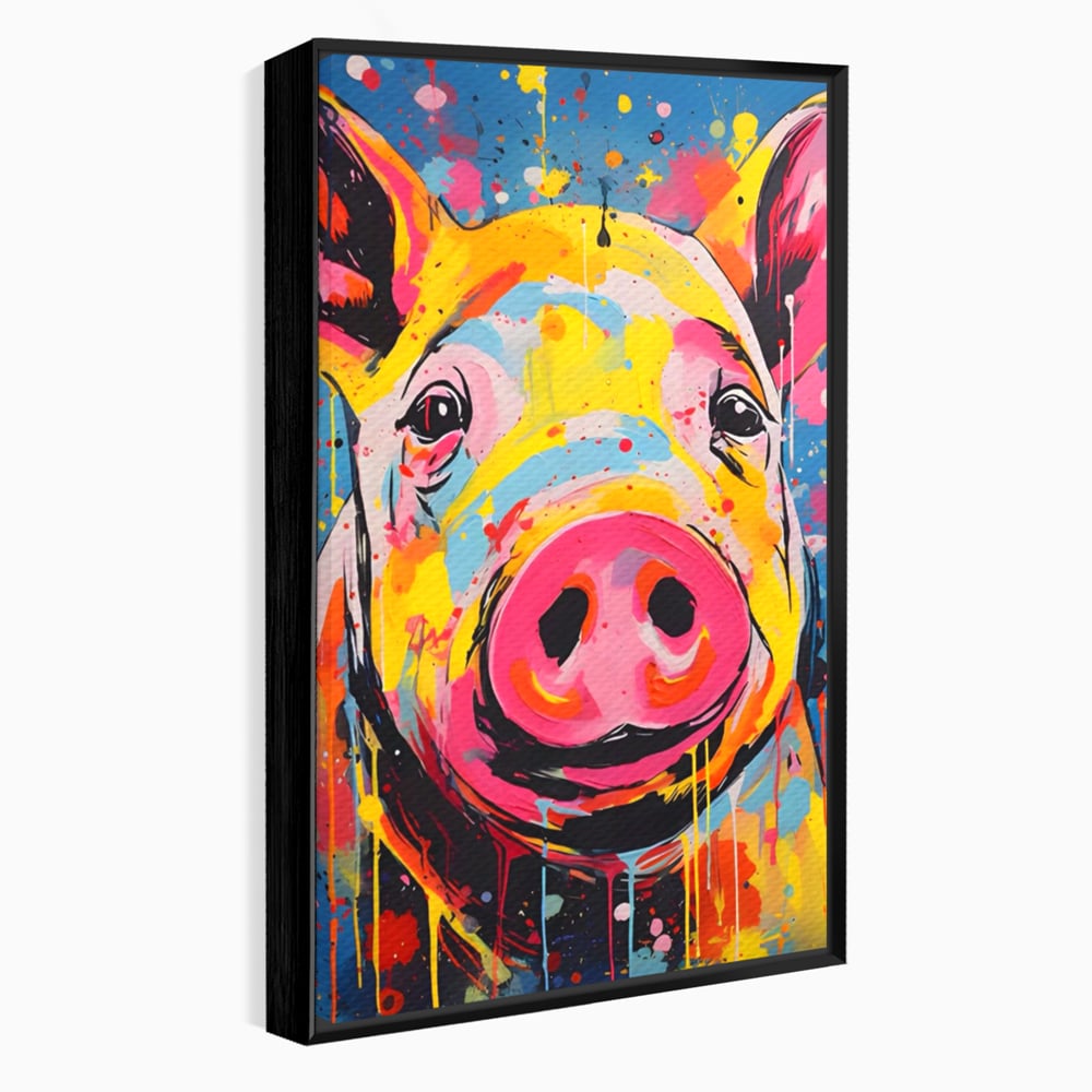 Tablou canvas cu tablou canvas portret de porc colorat, in rama de aluminiu negru